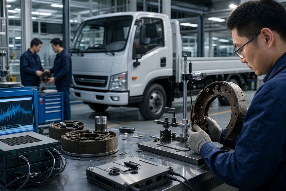 Engineers validating drum brake shoes for a new-energy commercial vehicle application